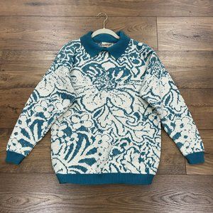 DIANE VON FURSTENBERG Sweater Womens Medium Collared Floral Textured Y2K Vintage